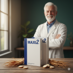 Healthcare professional reviewing the benefits of Maxi2 herbal ingredients for male performance and energy.