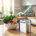 The Maxi2 boxes next to a digital tablet showing a 3D model of the male endocrine system and HPT axis optimization.