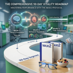A high-tech visual of human cell receptor up-regulation, with a digital gauge at 100% Efficiency, illustrating the Maxi2 Cellular Re-sensitization protocol in Month 3.