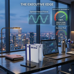 A visualization of the 'Executive Edge' in Month 3, showing the Maxi2 boxes on a minimalist office desk with a digital cognitive clarity and neural focus display.