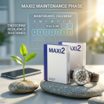 A visual of sustainable male performance, with the Maxi2 boxes on a stone surface next to an analog watch and a green sprout, illustrating the 5-on, 2-off maintenance cycling protocol after Day 90.
