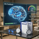 A visualization of neuro-regeneration, with a brain hologram showing activated BDNF and Synaptic Plasticity, illustrating the Maxi2 protocol optimizing cognitive longevity.