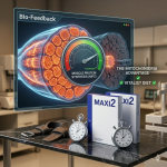 A visualization of structural resilience in Month 3, with a gauge showing Maximized Muscle Protein Synthesis, illustrating the Maxi2 protocol preventing sarcopenia.