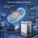 A high-tech visual of the human cellular engine, with a digital gauge at 100% Efficiency, illustrating the Maxi2 Mitochondrial Optimization protocol in Month 3.