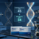A digital biometric scan showing a reduction in biological age compared to chronological age, illustrating the Maxi2 protocol's impact on epigenetic re-programming and telomere protection.