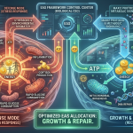 Diagram of the EAS Framework (Energy Allocation System) illustrating how Maxi2 protocols signal a shift from cellular defense mode (stress) to growth and repair mode (recovery)
