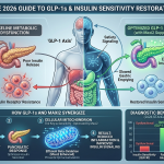 Scientific infographic explaining how GLP-1 agonists and Maxi2 synergy restore insulin sensitivity, contrasting metabolic dysfunction with an optimized GLP-1 axis. Diagnostic benchmarks for 2026 included.