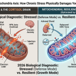 Infographic diagram visualizing how chronic stress and HPA axis overload physically damage mitochondrial structure and ATP output, compared to a Maxi2-optimized resilient cell.
