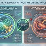 An infographic comparing a metabolically flexible cell fueled by Maxi2 (steady energy, dual fuel) with a metabolically inflexible cell (glucose reliance, mid-day crash, fat accumulation). A visual diagnosis guide.
