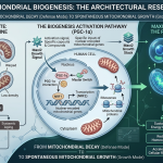 Scientific infographic visualizing how specific compounds in the Maxi2 Growth Stack activate mitochondrial biogenesis through the PGC-1α master switch within the cell nucleus, contrasting cellular decay with new powerhouse growth.