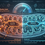 Infographic detailing the Mitochondrial Redox State. It contrasts electron leakage and oxidative stress on the 'unbalanced' side against the 'Maxi2 electron support' and balanced energy flow on the optimized 'homeostasis' side