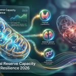 A 3D scientific diagram showing high mitochondrial reserve capacity fueling the thyroid, adrenal glands, and gonads for endocrine resilience, featuring Maxi2 branding.