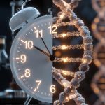 A high-end visual concept comparing chronological time with cellular biological age using a glowing DNA double helix and epigenetic markers.