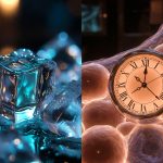 A premium medical-science graphic visualizing circadian-timed cold therapy by showing clean ice contrasting with an orange circadian clock ring