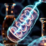 A high-end conceptual visual of a glowing blue mitochondrion representing methylene blue acting as an alternative electron shuttle.