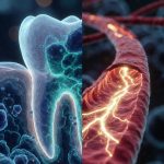 A premium medical-science visual illustrating the oral microbiome link between tooth health and systemic blood vessel inflammation.