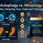 Illustration comparing autophagy and mitophagy, showing damaged mitochondria being removed through cellular recycling alongside MAXI² Advanced Mitochondrial Energy Support.