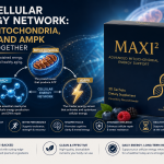 Illustration showing the relationship between mitochondria, NAD+, and AMPK in supporting cellular energy production alongside the MAXI² Advanced Mitochondrial Energy Support supplement.