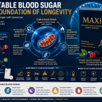 Infographic showing how stable blood sugar, glucose variability, insulin, healthy mitochondria, and reduced inflammation support longevity alongside MAXI² Advanced Mitochondrial Energy Support.