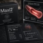 A premium packed box of Maxi2 longevity supplement displayed on a dark slate desk next to cardiovascular biomarker diagnostic results.