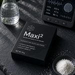 A premium packed box of Maxi2 longevity supplement sitting next to a glass water carafe and biohacking elements on a slate desk, symbolizing cognitive energy and cellular ATP support.