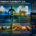 Medical-style infographic illustrating metabolic flexibility by comparing glucose and fat metabolism, highlighting fasting, Zone 2 training, nutrition, exercise timing, and the MAXI² Advanced Mitochondrial Energy Support supplement.