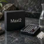 A premium packed box of Maxi2 longevity supplement displayed on a dark slate surface alongside an Omega-3 Index blood testing kit.